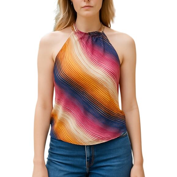 Trina Turk Multicolor Colorblock Striped Halter Backless Open Back Blouse Top S - Picture 5 of 5